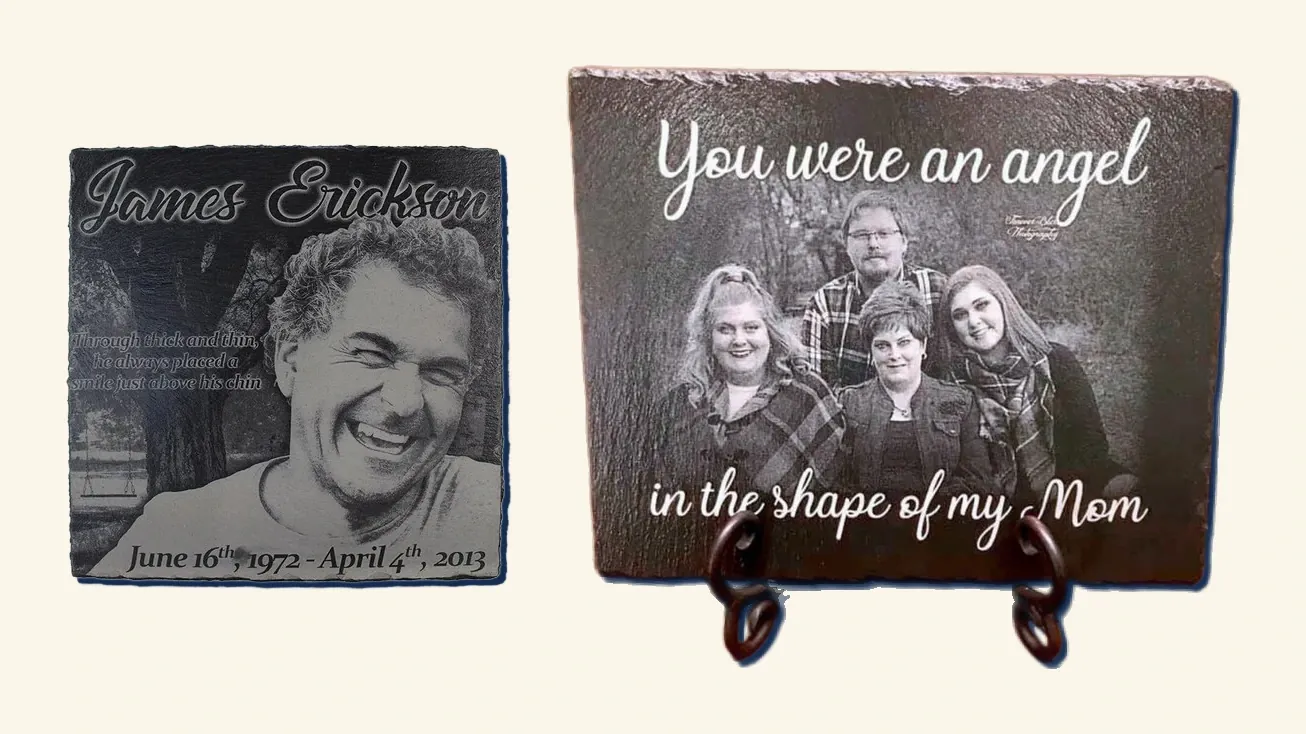 A custom engraved granite tile carrying a loved one's portrait, standing on an easel